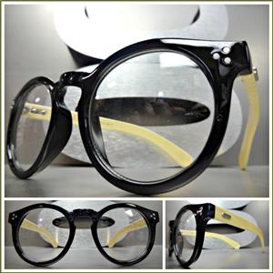 Classic Round Wooden Clear Lens Glasses- Black/ Light Wooden Temples