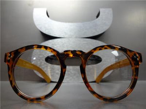 Classic Round Wooden Clear Lens Glasses- Tortoise Frame
