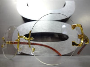 Rimless Round Wooden Clear Lens Glasses