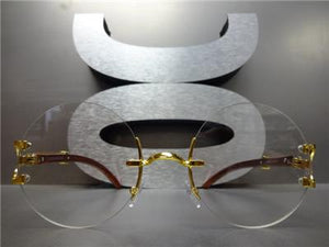 Rimless Round Wooden Clear Lens Glasses