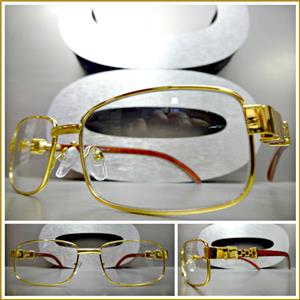 Elegant Wooden Clear Lens Glasses- Gold Frame