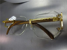 Vintage Wooden Style Clear Lens Glasses- Gold/ Brown Wood Temples