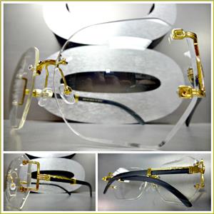 Vintage Wooden Style Clear Lens Glasses- Gold/ Black Wooden Temples