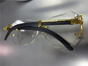 Vintage Wooden Style Clear Lens Glasses- Gold/ Black Wooden Temples