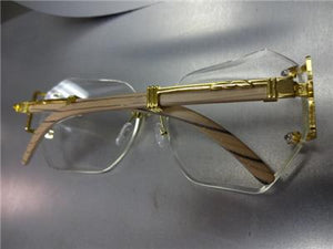 Vintage Wooden Style Clear Lens Glasses- Gold/ Light Wooden Temples