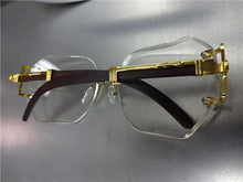 Vintage Wooden Style Clear Lens Glasses- Gold/ Dark Cherry Wooden Temples