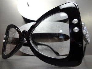 Pearl Embellished Bow Clear Lens Glasses- Black Frame