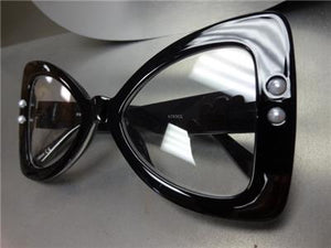 Pearl Embellished Bow Clear Lens Glasses- Black Frame