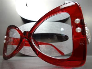 Pearl Embellished Bow Clear Lens Glasses- Red Frame