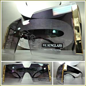 Oversized Shield Style Gold Accent Sunglasses- Black Gradient Lens