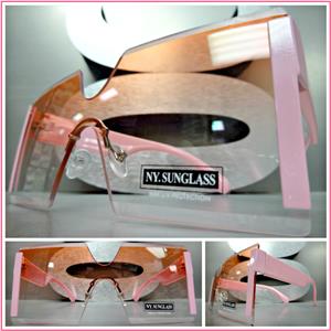 Oversized Shield Style Gold Accent Sunglasses- Pink Lens