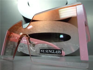 Oversized Shield Style Gold Accent Sunglasses- Pink Lens
