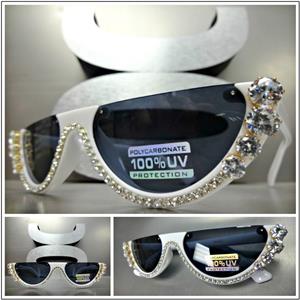 Half Lens Bling Cat Eye Sunglasses- White Frame