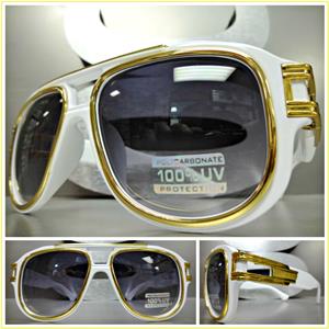 Old School Frame w/ Gold Accents Sunglasses- White