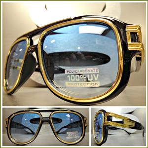 Old School Frame w/ Gold Accents Sunglasses- Blue Lens