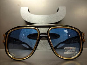 Old School Frame w/ Gold Accents Sunglasses- Blue Lens