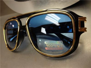 Old School Frame w/ Gold Accents Sunglasses- Blue Lens
