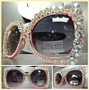 Oversized Sparkly Bling Cat Eye Sunglasses- Pink Transparent Frame