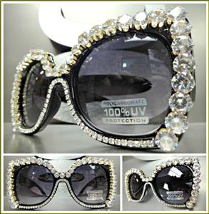 Oversized Sparkly Bling Cat Eye Sunglasses- Black Frame/ Gradient Lens
