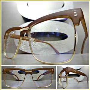Wooden Clubmaster Style Clear Lens Glasses- Gold/ Dark Wooden Frame