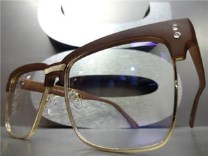 Wooden Clubmaster Style Clear Lens Glasses- Rose Gold/ Dark Wooden Frame