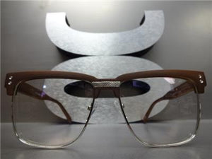 Wooden Clubmaster Style Clear Lens Glasses- Silver/ Dark Wooden Frame