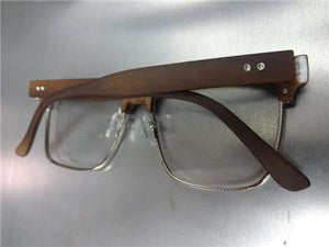 Wooden Clubmaster Style Clear Lens Glasses- Silver/ Dark Wooden Frame