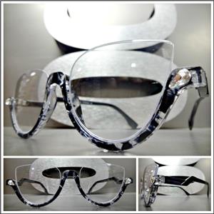 Semi-Rimless Cat Eye Clear Lens Glasses- Gray Tortoise Frame