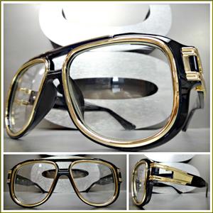 Old School Frame w/ Gold Accents Clear Lens Glasses- Black Frame