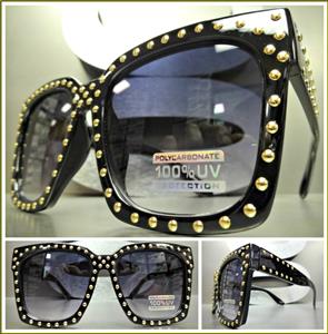 Gold Studded Square Sunglasses- Black Glossy Frame