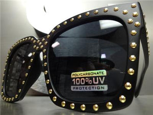 Gold Studded Square Sunglasses- Black Matte Frame