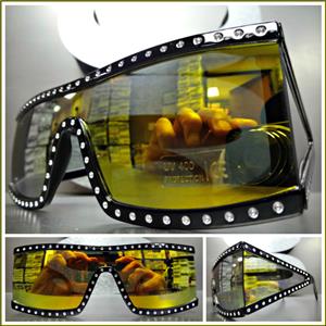 Retro Shield Bling Sunglasses- Mirrored Gold Lens