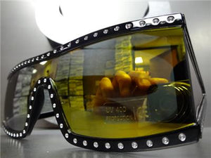 Retro Shield Bling Sunglasses- Mirrored Gold Lens