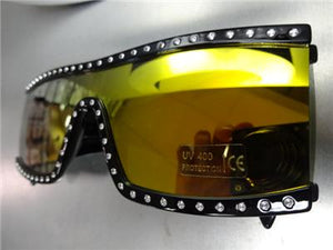 Retro Shield Bling Sunglasses- Mirrored Gold Lens