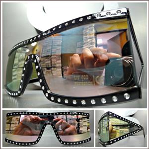 Retro Shield Bling Sunglasses- Mirrored Pink Lens