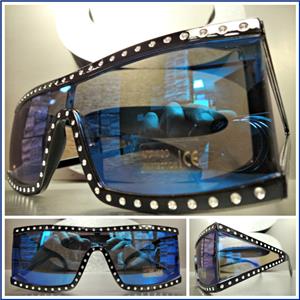Retro Shield Bling Sunglasses- Mirrored Blue Lens