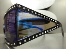 Retro Shield Bling Sunglasses- Mirrored Blue Lens