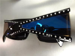 Retro Shield Bling Sunglasses- Mirrored Blue Lens