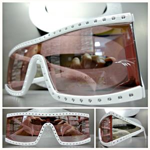 Retro Shield Bling Sunglasses- White Frame/ Mirrored Pink Lens