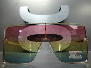 Large Square Metal Frame Sunglasses- Pink/Yellow/Green Ombre Lens