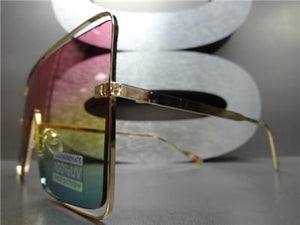 Large Square Metal Frame Sunglasses- Pink/Yellow/Green Ombre Lens