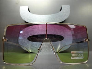 Large Square Metal Frame Sunglasses- Pink/Blue/Lime Green Ombre Lens