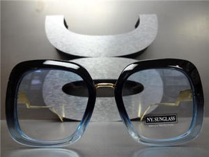Square Frame Sunglasses w/ Metal Temples- Black/Blue Frame