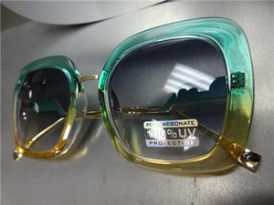 Square Frame Sunglasses w/ Metal Temples- Turquoise Green/ Brown Frame