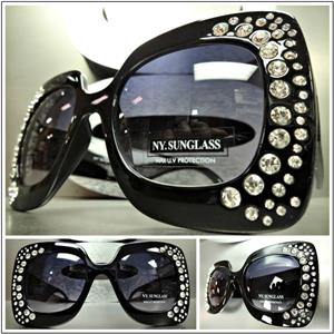 Oversized Luxury Rhinestone Retro Style Sunglasses- Black