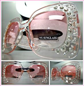 Oversized Luxury Rhinestone Retro Style Sunglasses- Pink