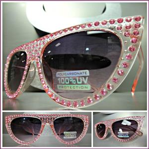 Sparkling Bling Rhinestone Cat Eye Sunglasses- Pink
