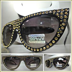 Sparkling Bling Rhinestone Cat Eye Sunglasses- Black Frame/ Gold Rhinestones