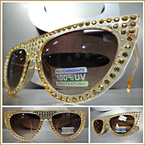 Sparkling Bling Rhinestone Cat Eye Sunglasses- Beige