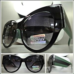 Thick Frame Cat Eye Style Sunglasses- Black Frame/ Black & Green Striped Temples
